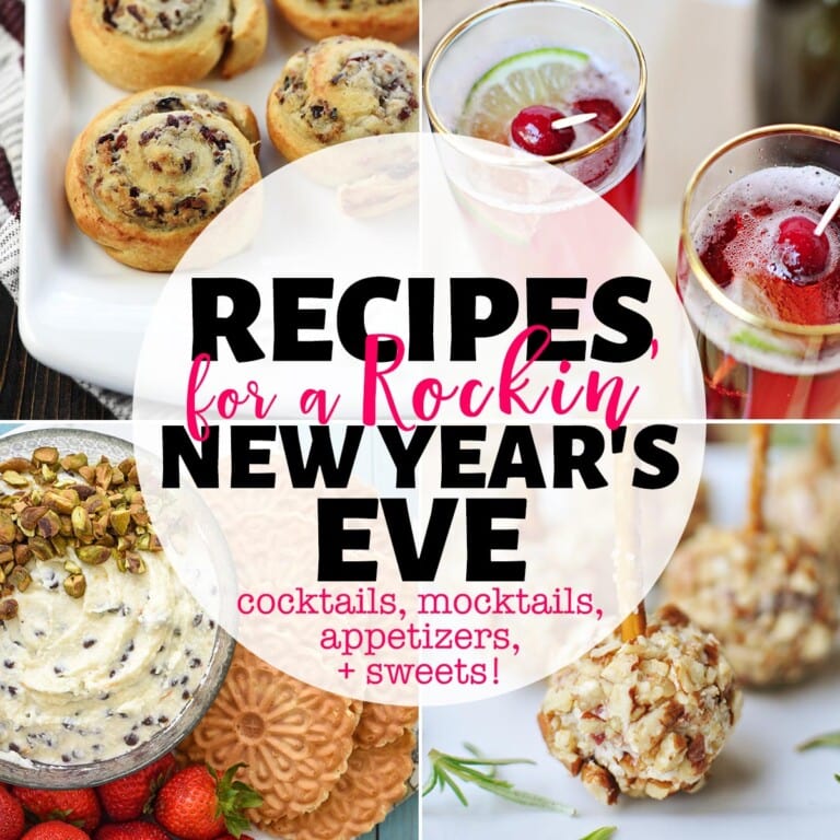 New years eve party recipe ideas, four-photo collage with text.