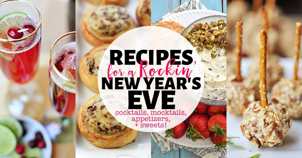 New year’s eve recipes, collage with text showing party food ideas.