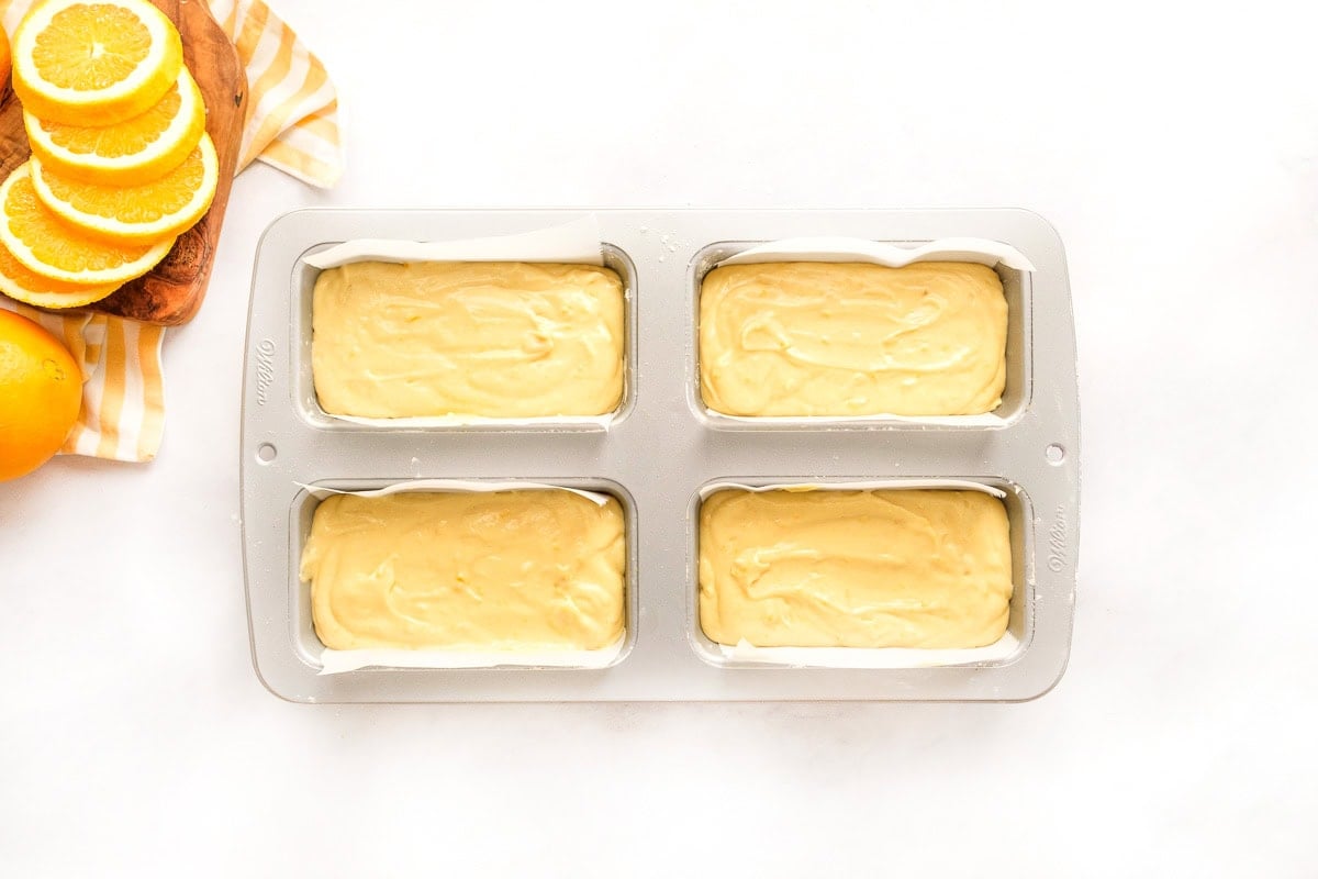 Orange Pound Cake mini loaves ready for oven.