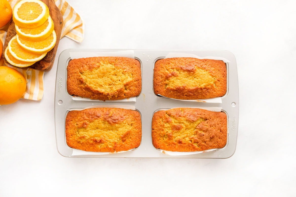 Orange Pound Cake mini loaves fresh out of oven.