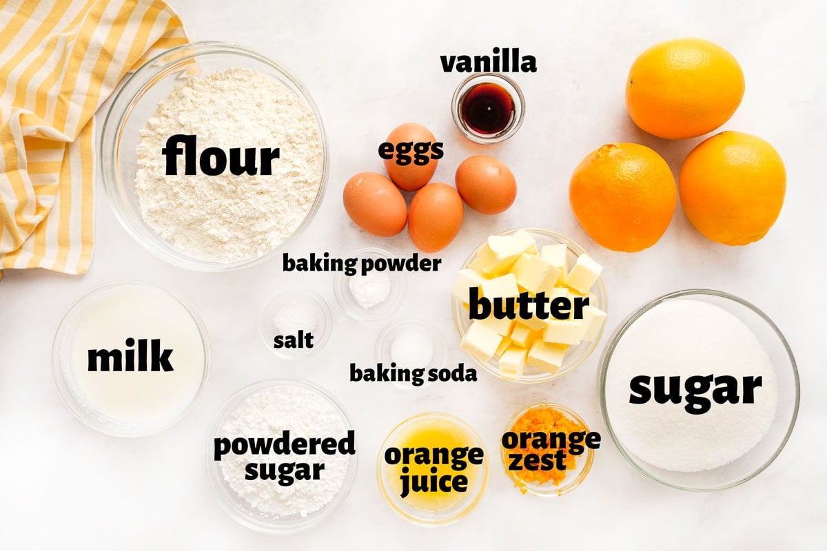 Labeled ingredients to make Orange Pound Cake recipe.