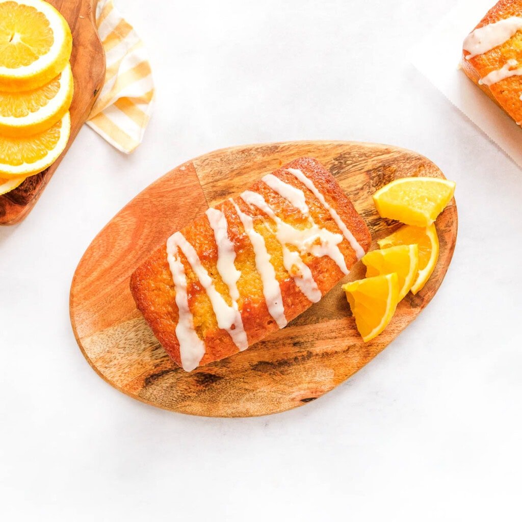 Orange Pound Cake drizzled with orange glaze.