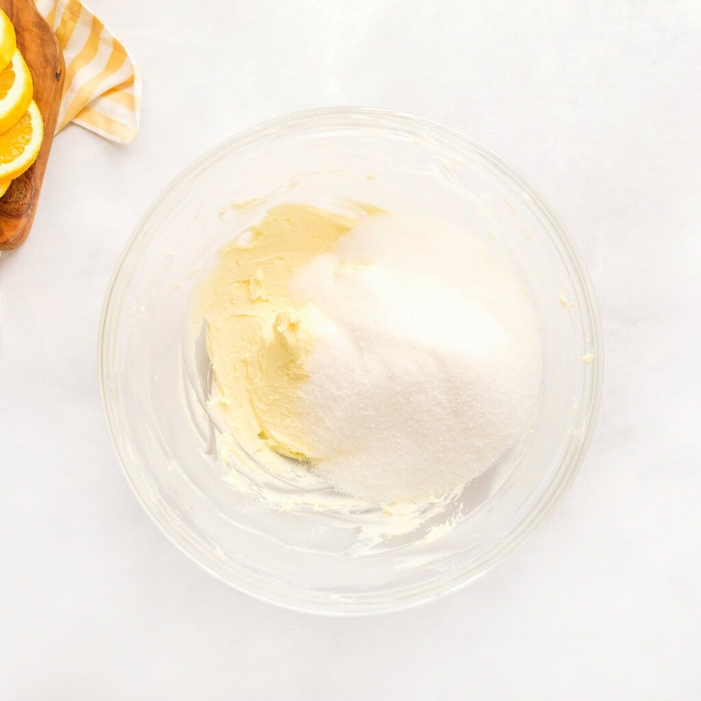 Combining sugar and butter for Orange Pound Cake.