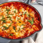 Baked Gnocchi close-up in pan.