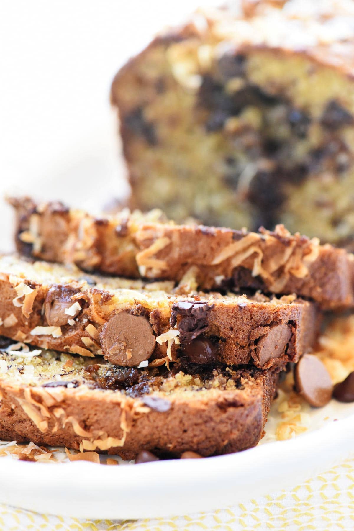 Chocolate Chip Banana Bread, close-up of slices.