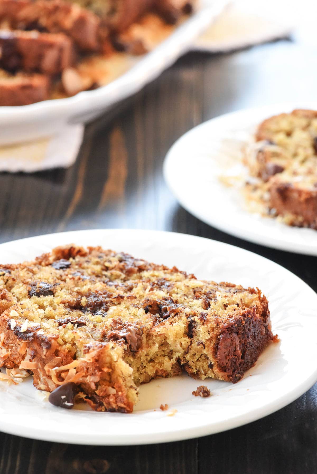 Chocolate Chip Banana Bread slice on plate.