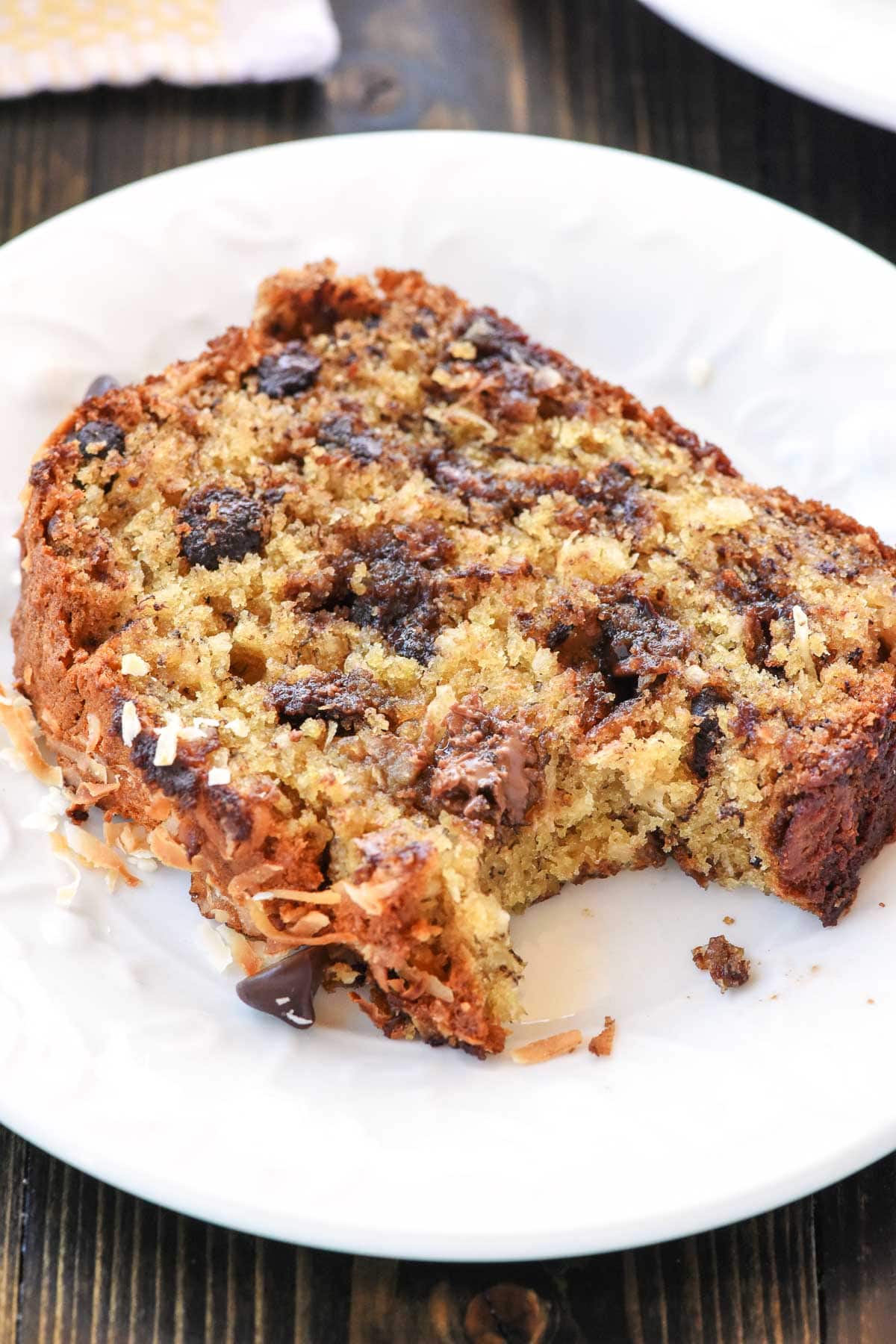 Chocolate Chip Banana Bread slice with missing bite.