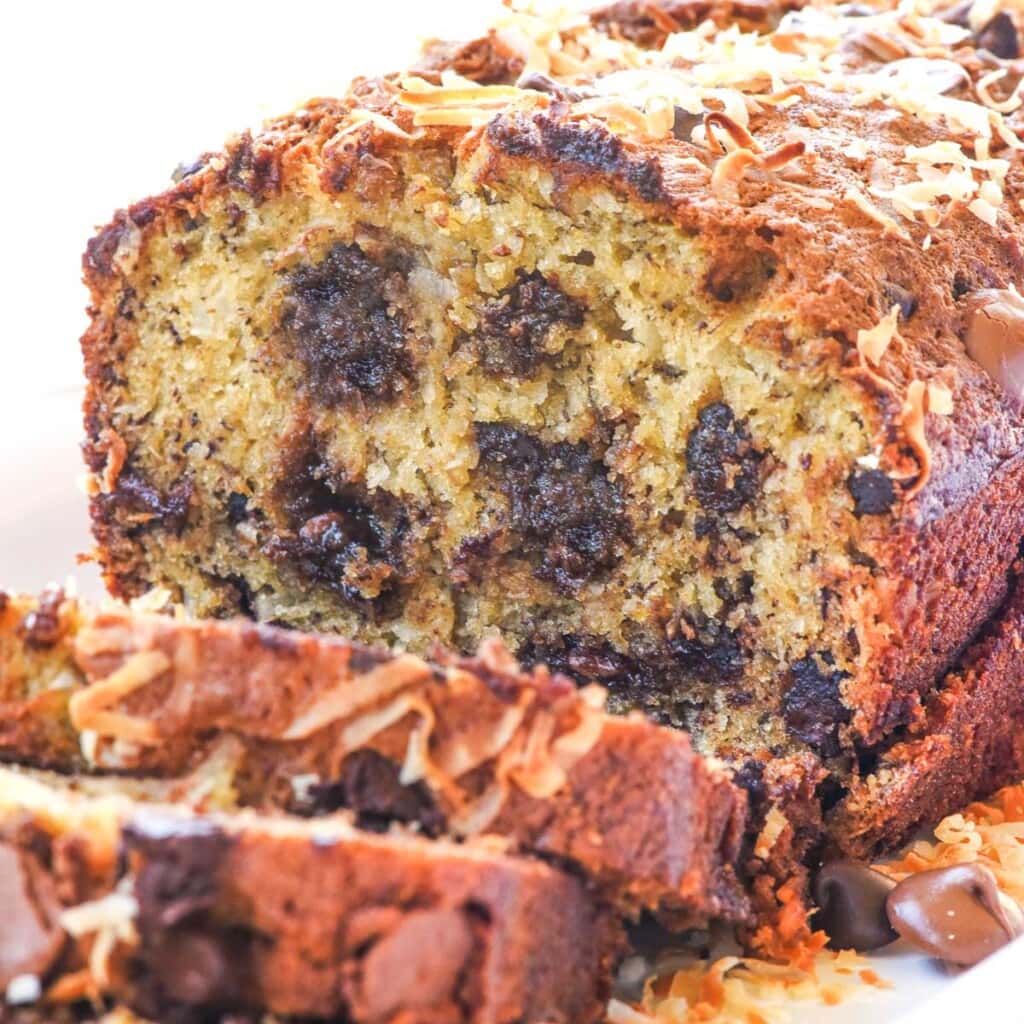 Chocolate Chip Banana Bread close-up with slices.