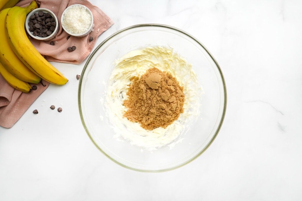 Butter and sugar for Chocolate Chip Banana Bread recipe.