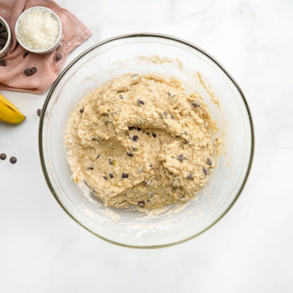 Chocolate Chip Banana Bread batter in bowl, ready for bread pan.