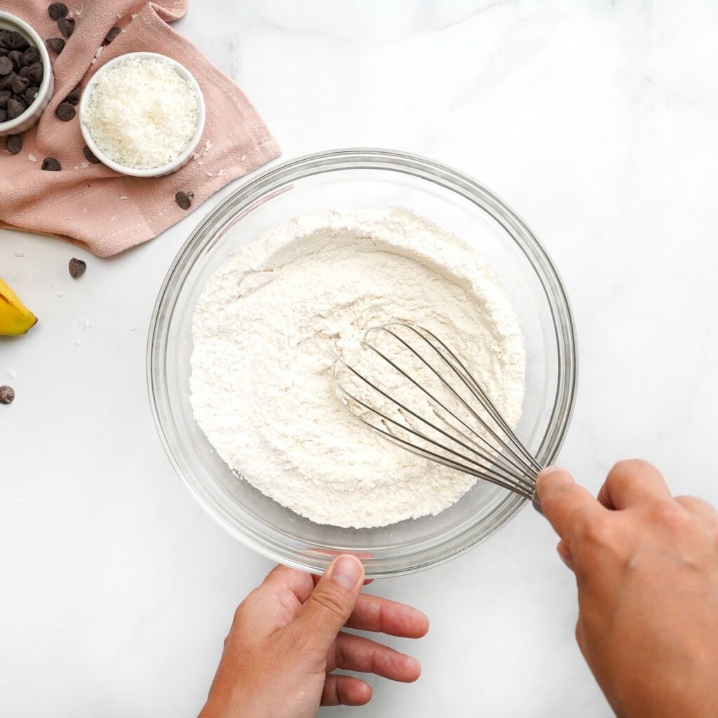 Chocolate Chip Banana Bread dry ingredients whisked in bowl.