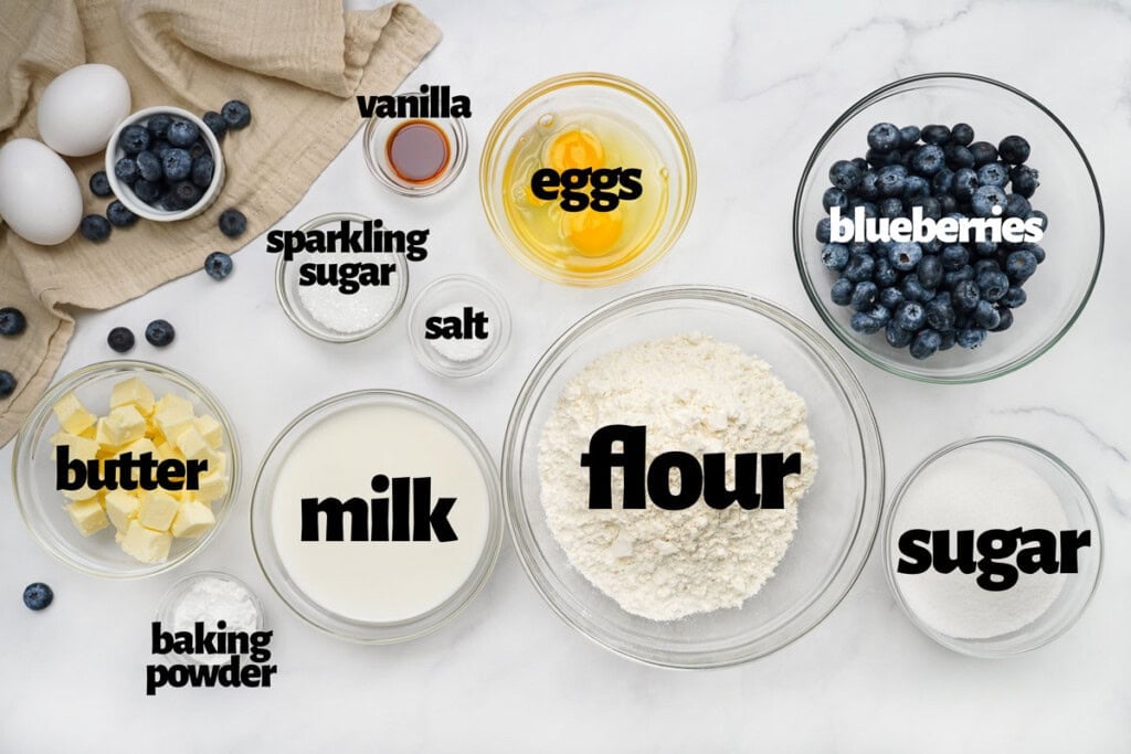 Labeled ingredients for Easy Blueberry Muffin recipe.