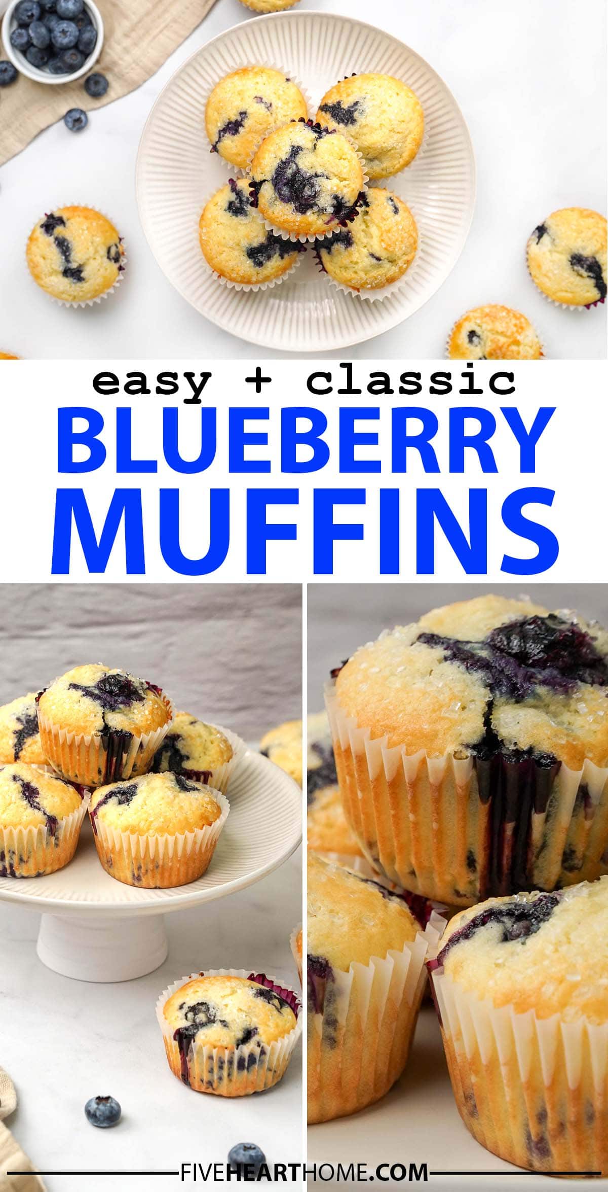 Easy Blueberry Muffins ~ this tender, delectable, and classic blueberry muffin recipe is bursting with berries and easy to make for a yummy breakfast or snack! | FiveHeartHome.com via @fivehearthome