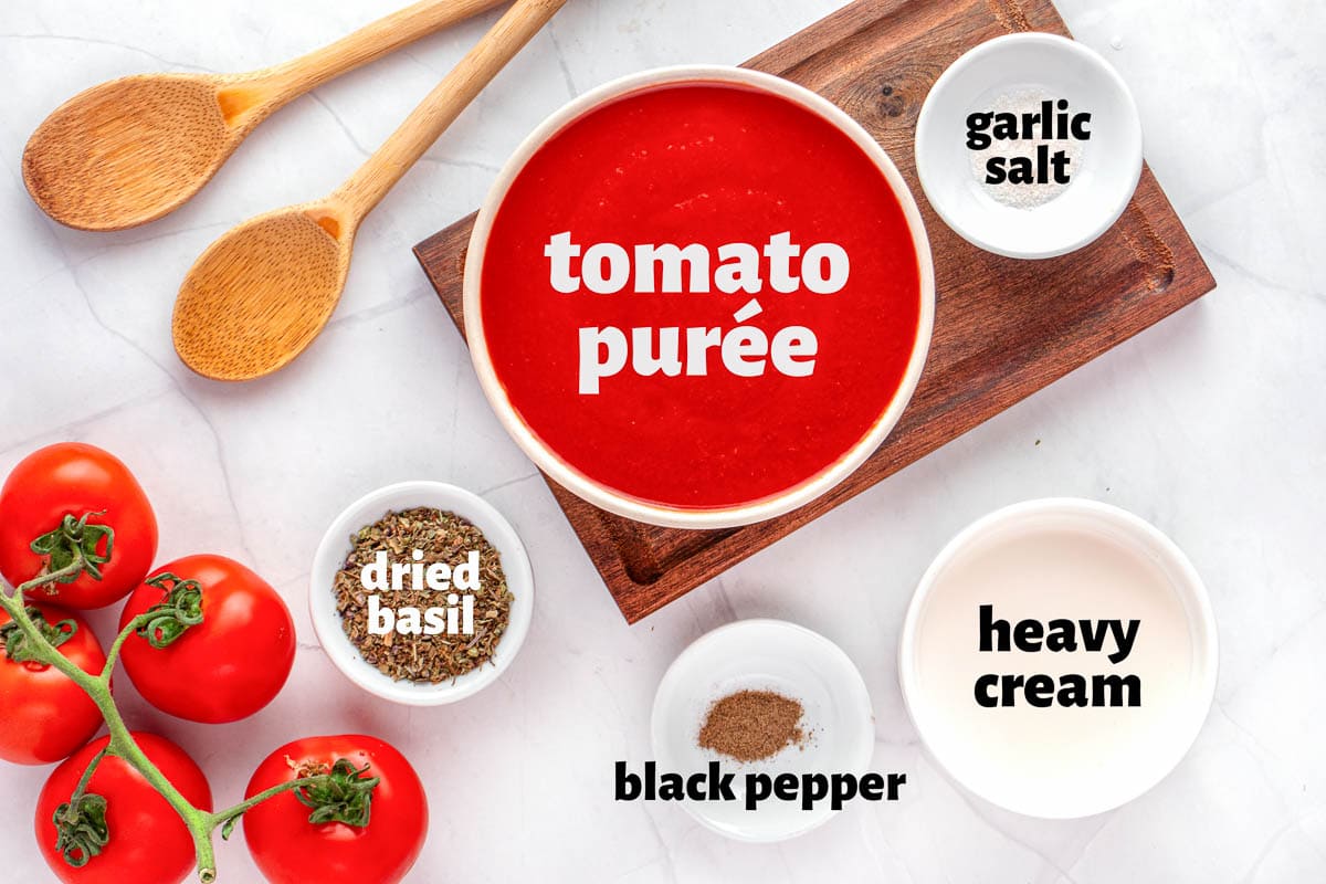 Labeled ingredients to make Easy Tomato Soup recipe.