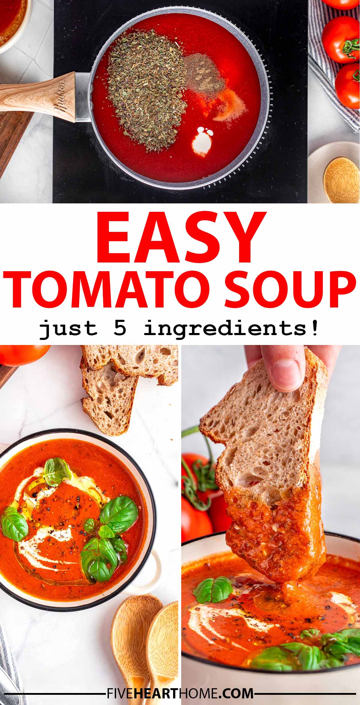 Easy Tomato Soup ~ this creamy, delicious, easy tomato soup recipe is amazingly quick and effortless to make with just five simple ingredients: tomato puree, cream, basil, garlic salt, and pepper! | FiveHeartHome.com via @fivehearthome