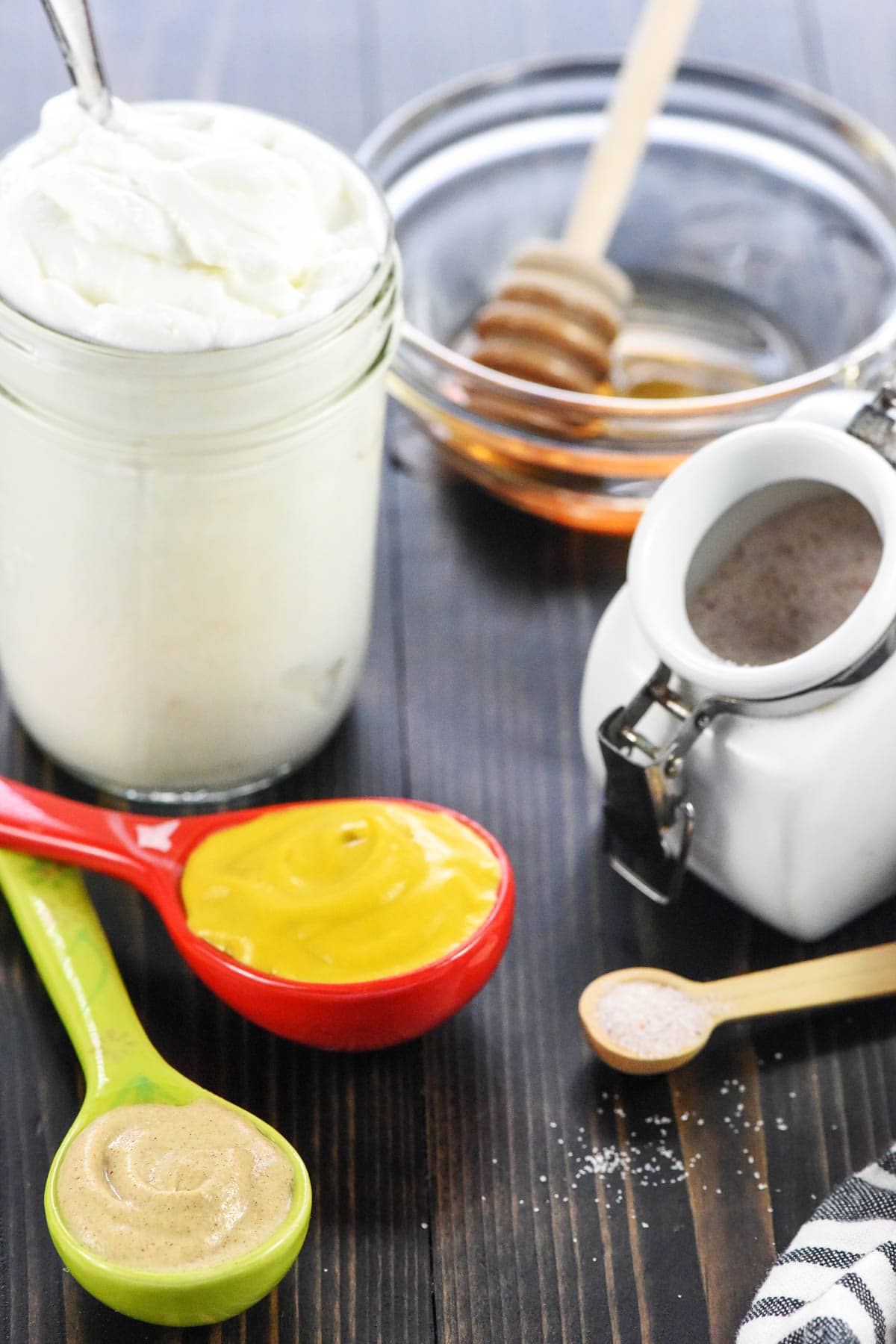 Honey Mustard Dipping Sauce ingredients on table.