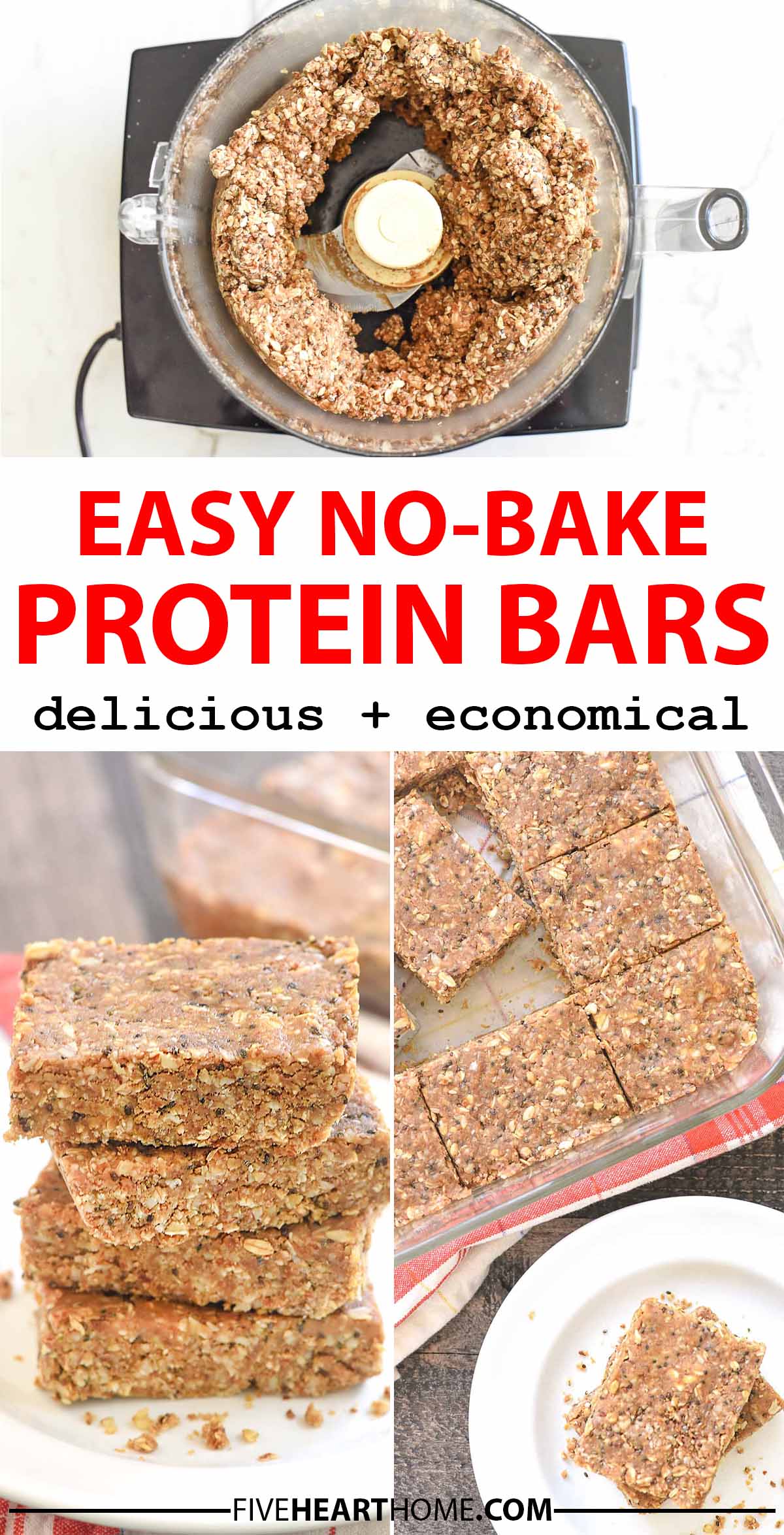 Protein Bars ~ this no-bake protein bar recipe boasts a delicious chocolate peanut butter flavor and is filling, easy to make, and loaded with around 12 grams of protein per bar! | FiveHeartHome.com via @fivehearthome