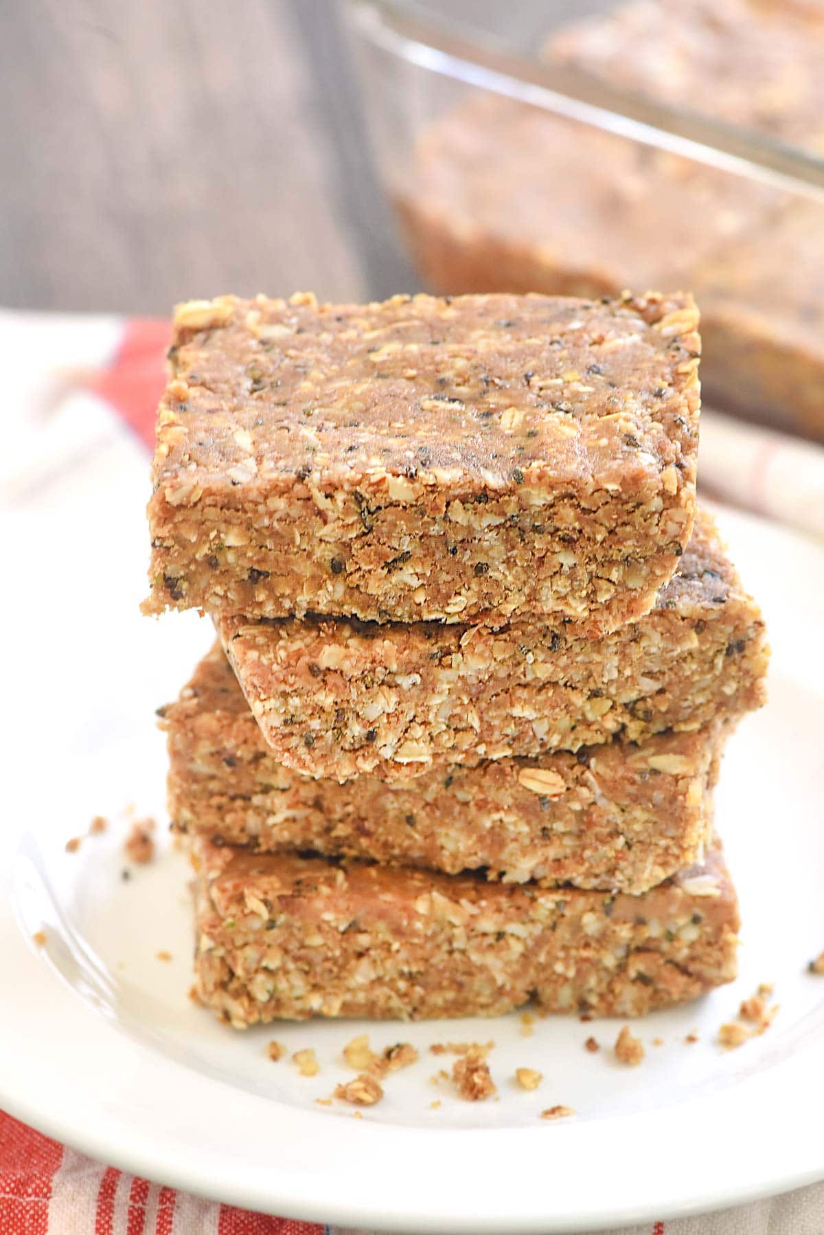 Protein Bars stacked on plate.