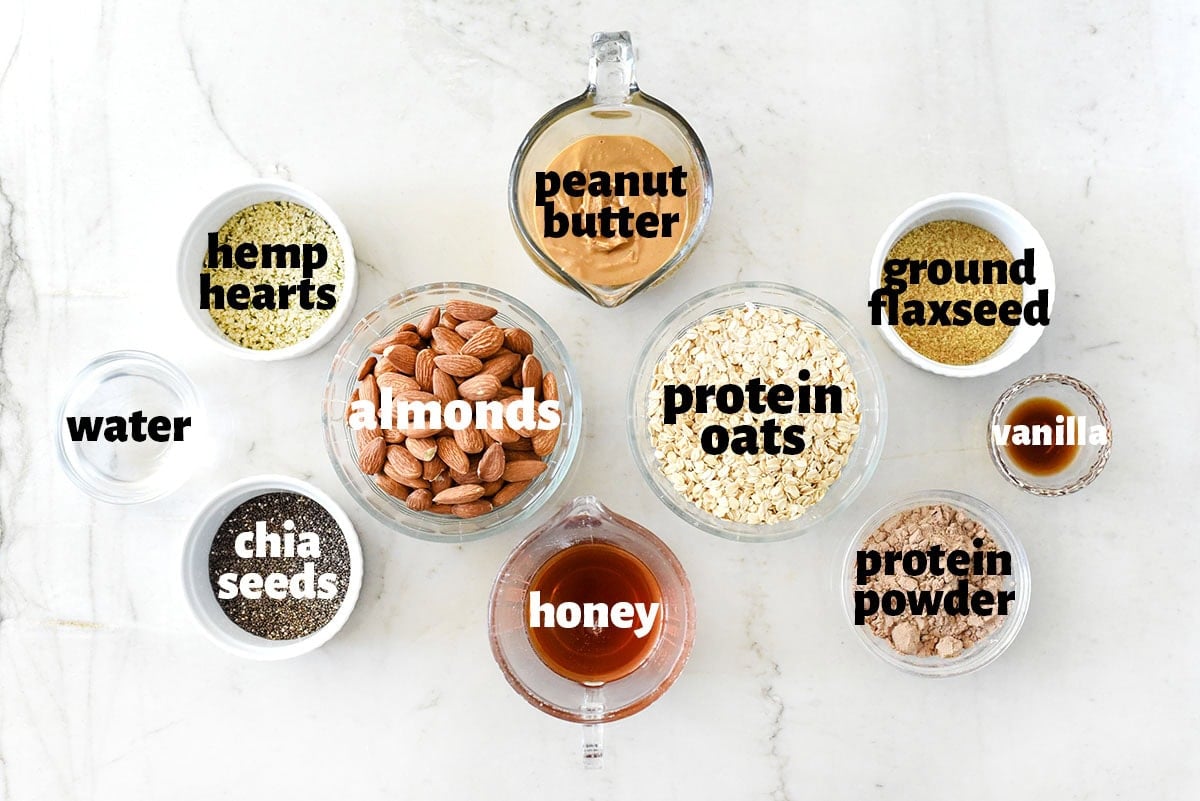 Labeled ingredients to make protein bars recipe.