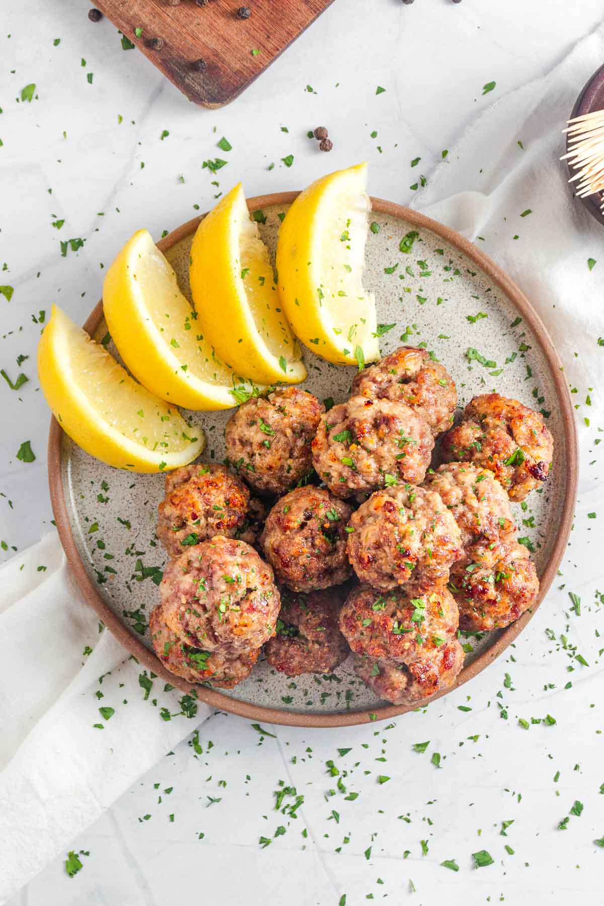 Oven Baked Turkey Meatballs, aerial on platter.