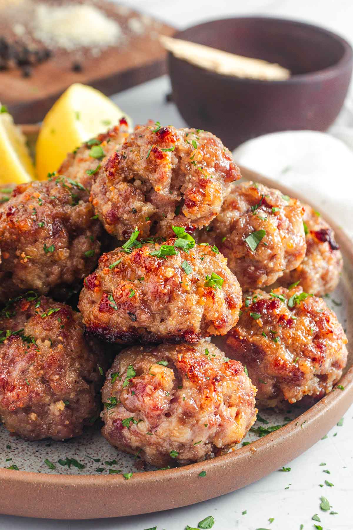 Baked Turkey Meatballs piled on plate.