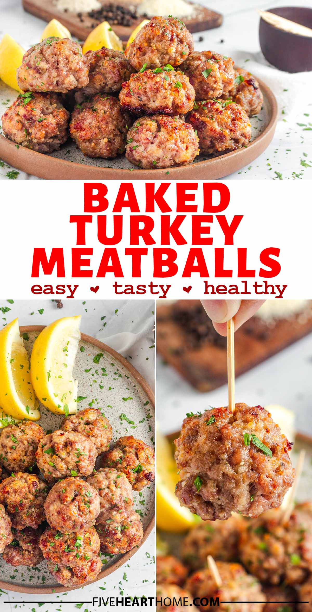 Baked Turkey Meatballs ~ juicy, flavorful, and easy to make using simple ingredients! Greek yogurt and lean ground turkey keep them light, and baking is a healthier, easier, less messy way to cook them. Never wonder how long to bake turkey meatballs again…you’ll love making your turkey meatballs baked from here on out! | FiveHeartHome.com via @fivehearthome