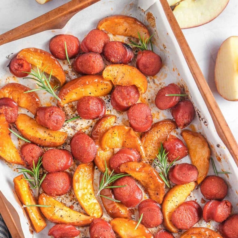 One of the best and easiest chicken apple sausage recipes baked on a sheet pan.