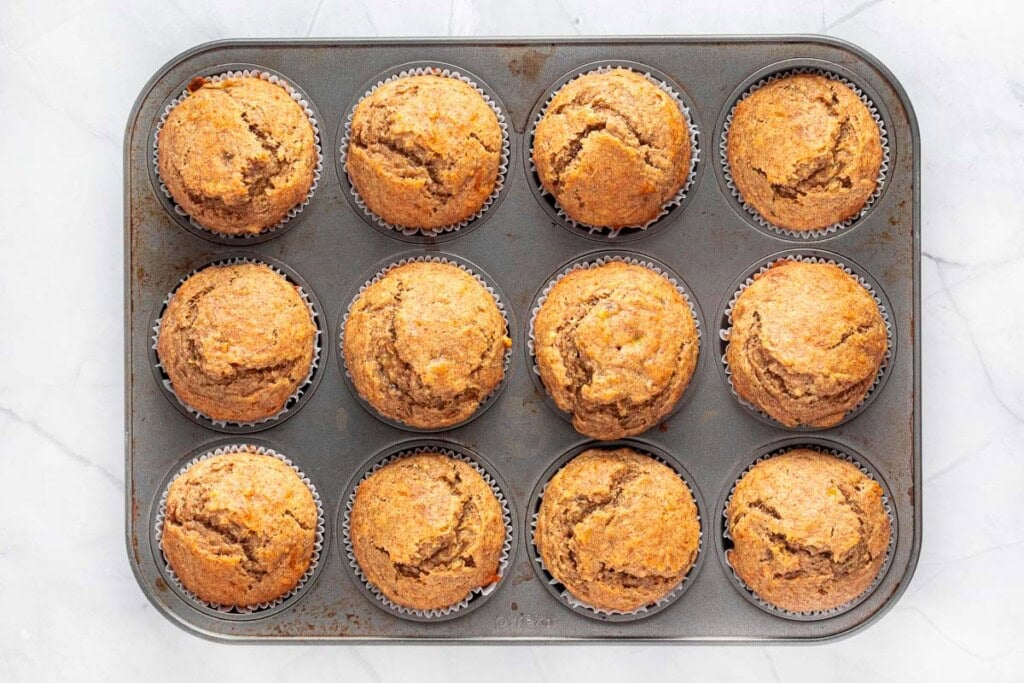 Healthy Banana Muffins in pan fresh out of the oven.