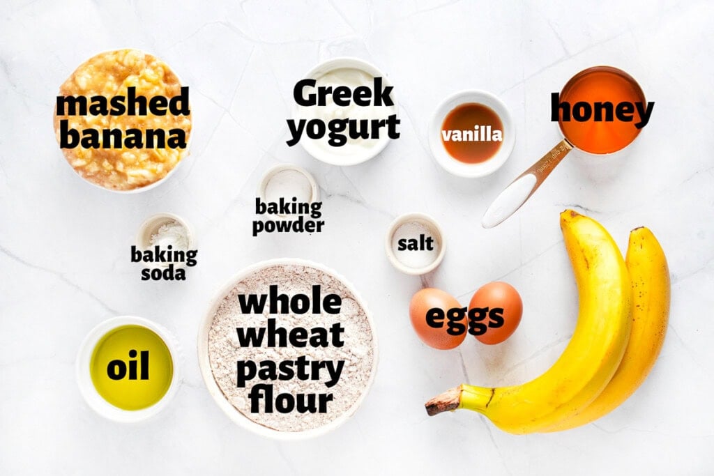 Labeled ingredients to make banana muffins healthy.