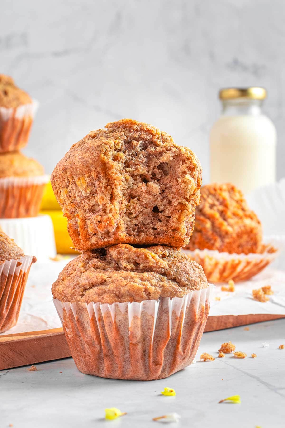 Healthy Banana Muffins stacked.