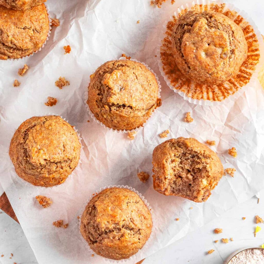 Healthy Banana Muffins, aerial view on table.