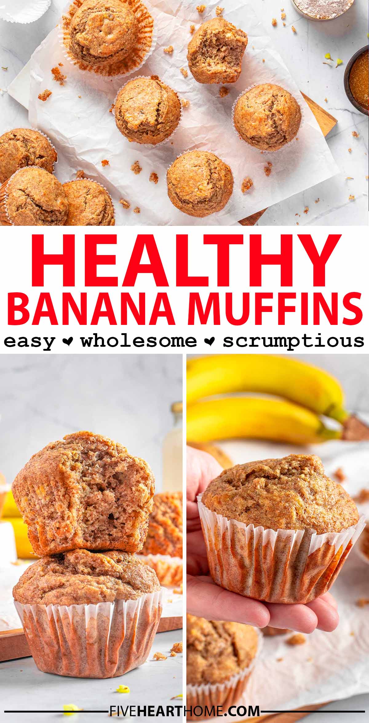 Healthy Banana Muffins ~ these easy banana muffins turn out soft, sweet, and amazingly delicious. Plus, this healthy banana muffin recipe is quick and easy to make with wholesome ingredients including whole wheat flour, yogurt, and naturally sweetened with honey! | FiveHeartHome.com via @fivehearthome