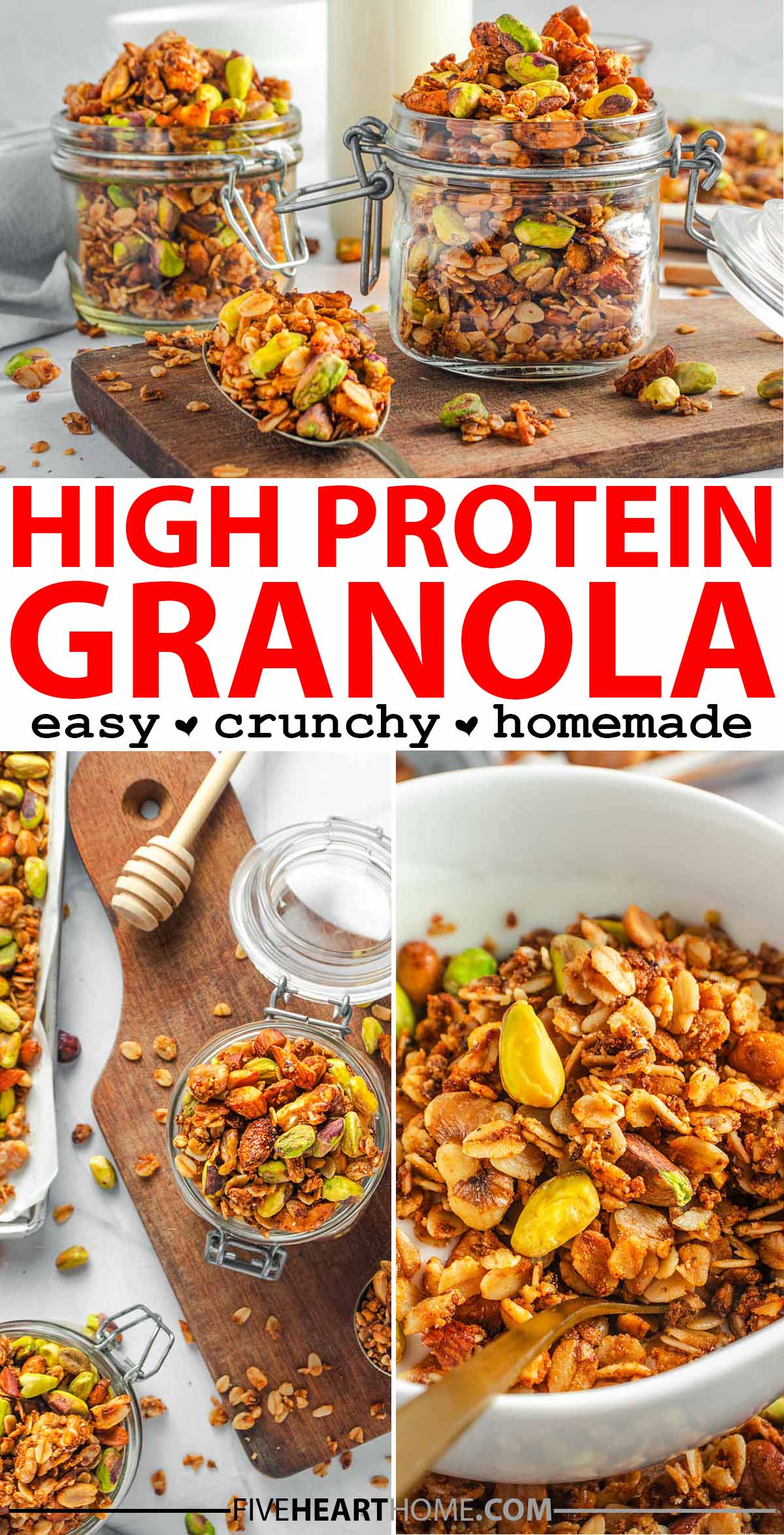 High Protein Granola ~ this protein granola recipe is homemade, crunchy, and delicious, easy to make, and loaded with ingredients that pack far more protein than standard granola recipes! | FiveHeartHome.com via @fivehearthome