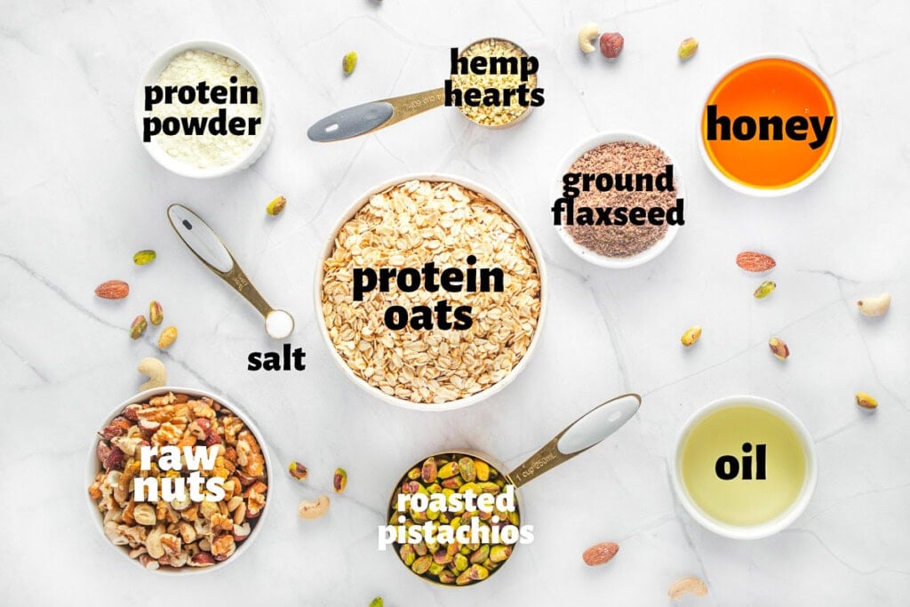 Labeled ingredients to make Protein Granola recipe.