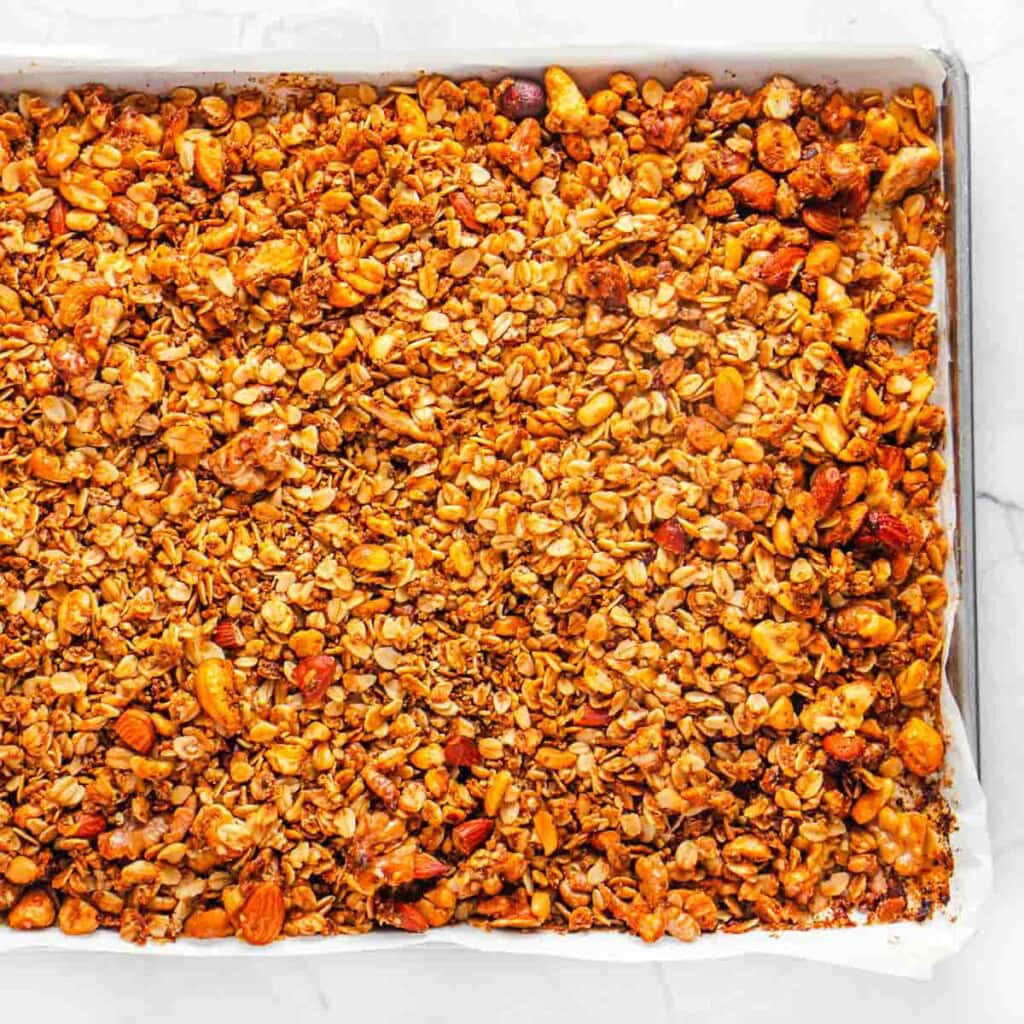 Protein Granola recipe baked on pan.