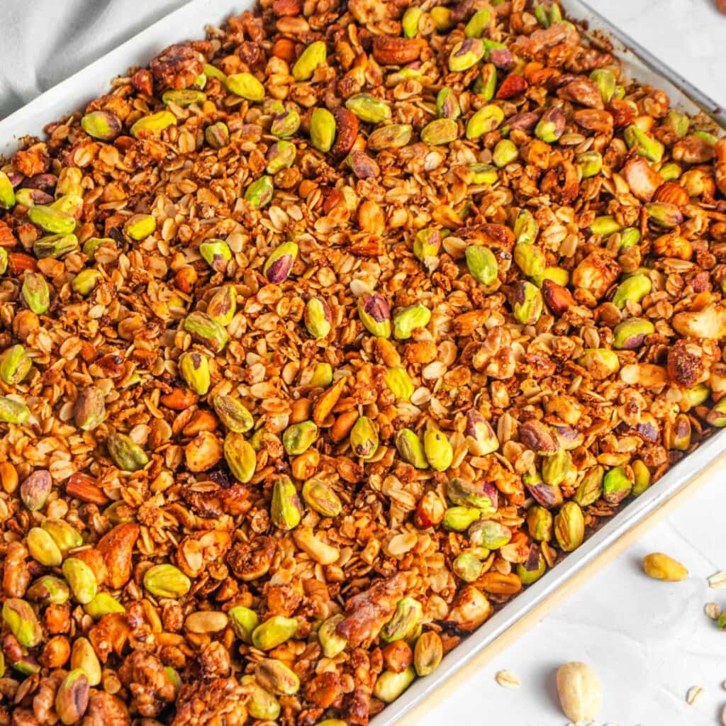 High Protein Granola on baking sheet.