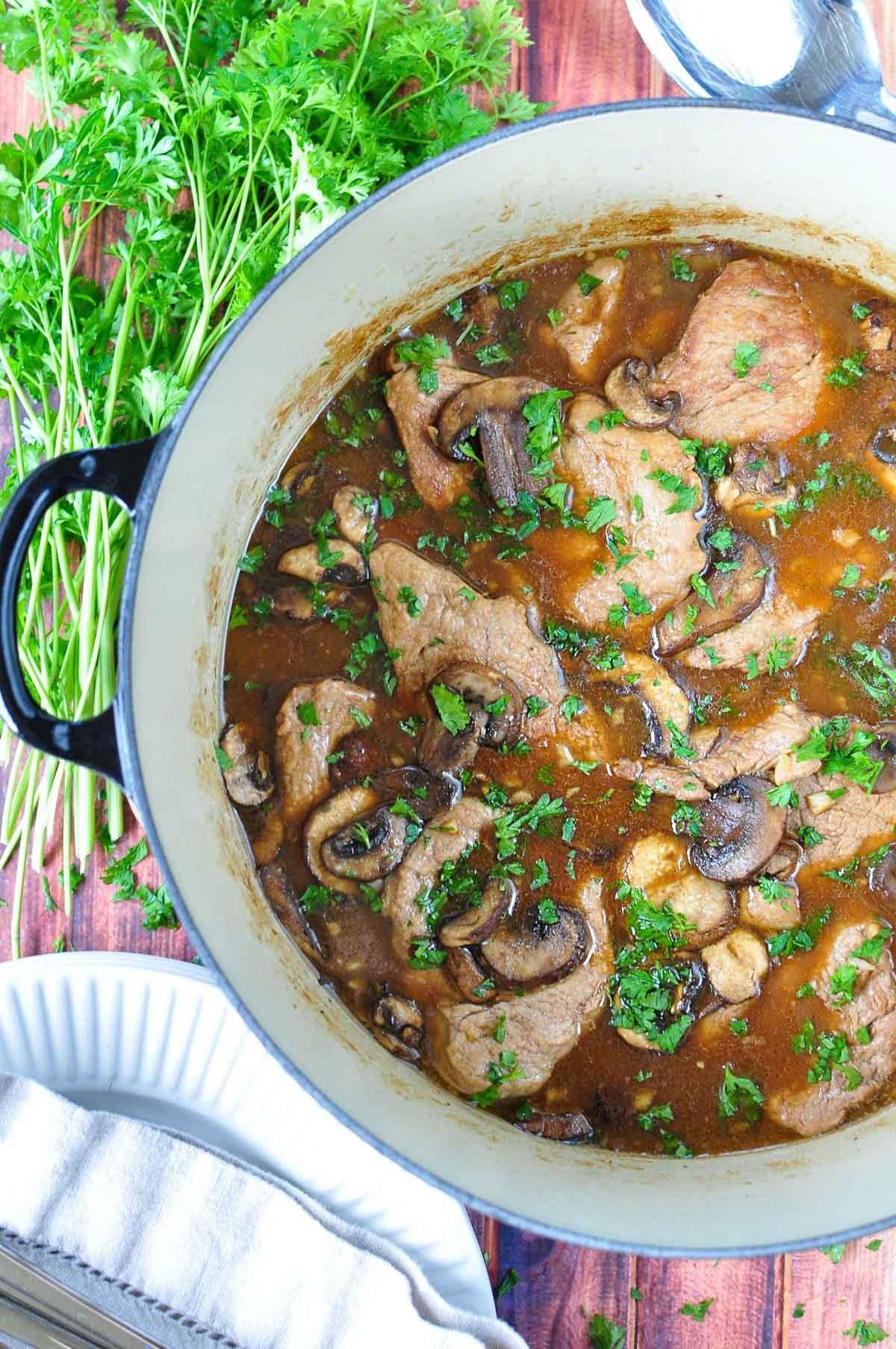 Pork Tenderloin Medallions aerial in pot.