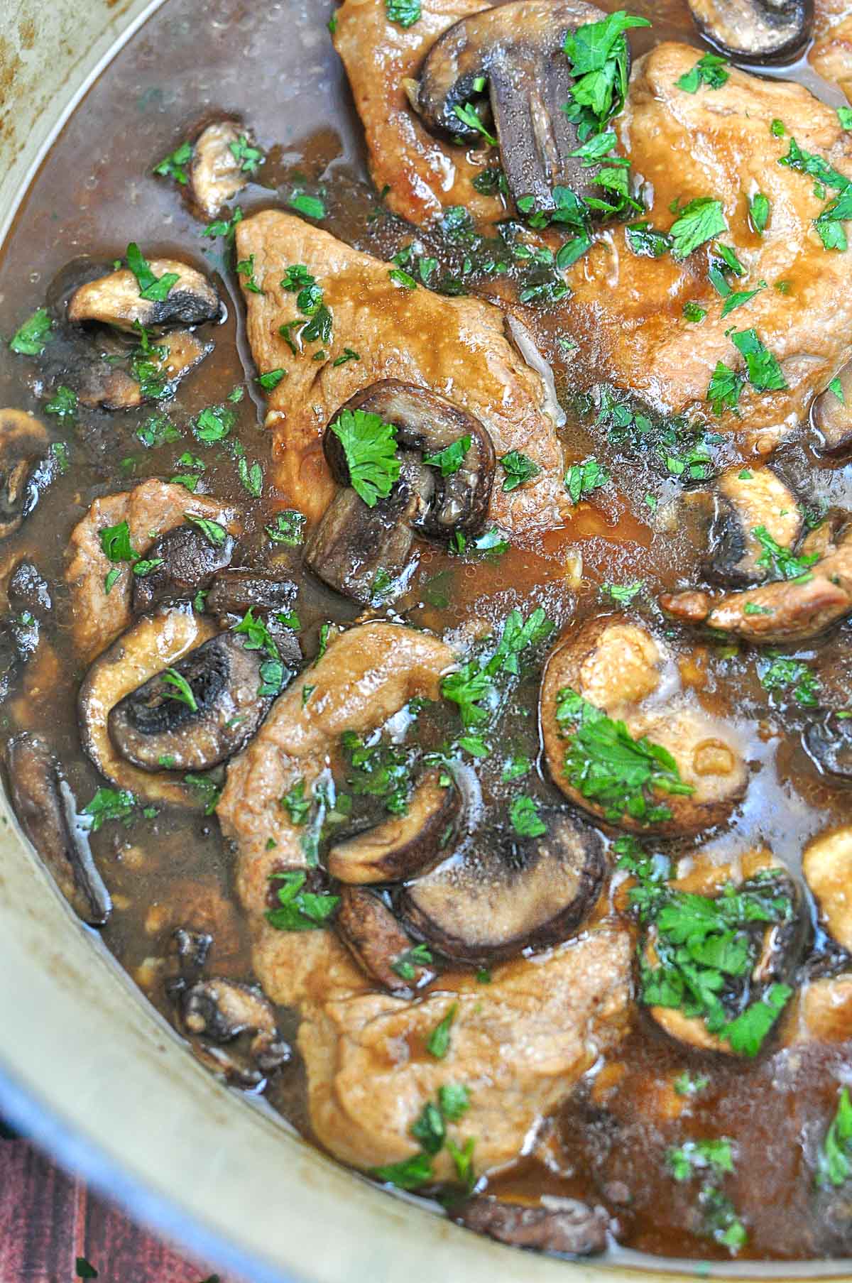 Pork Tenderloin Medallions with mushrooms close-up.