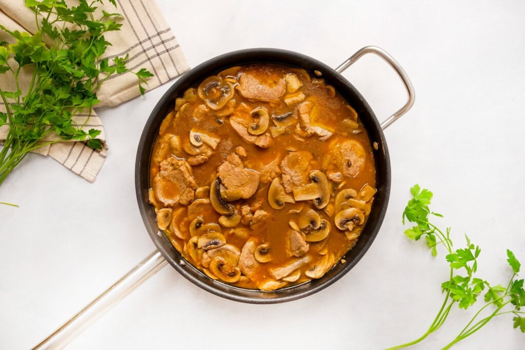 Pork Tenderloin Medallions with mushroom gravy ready to serve.