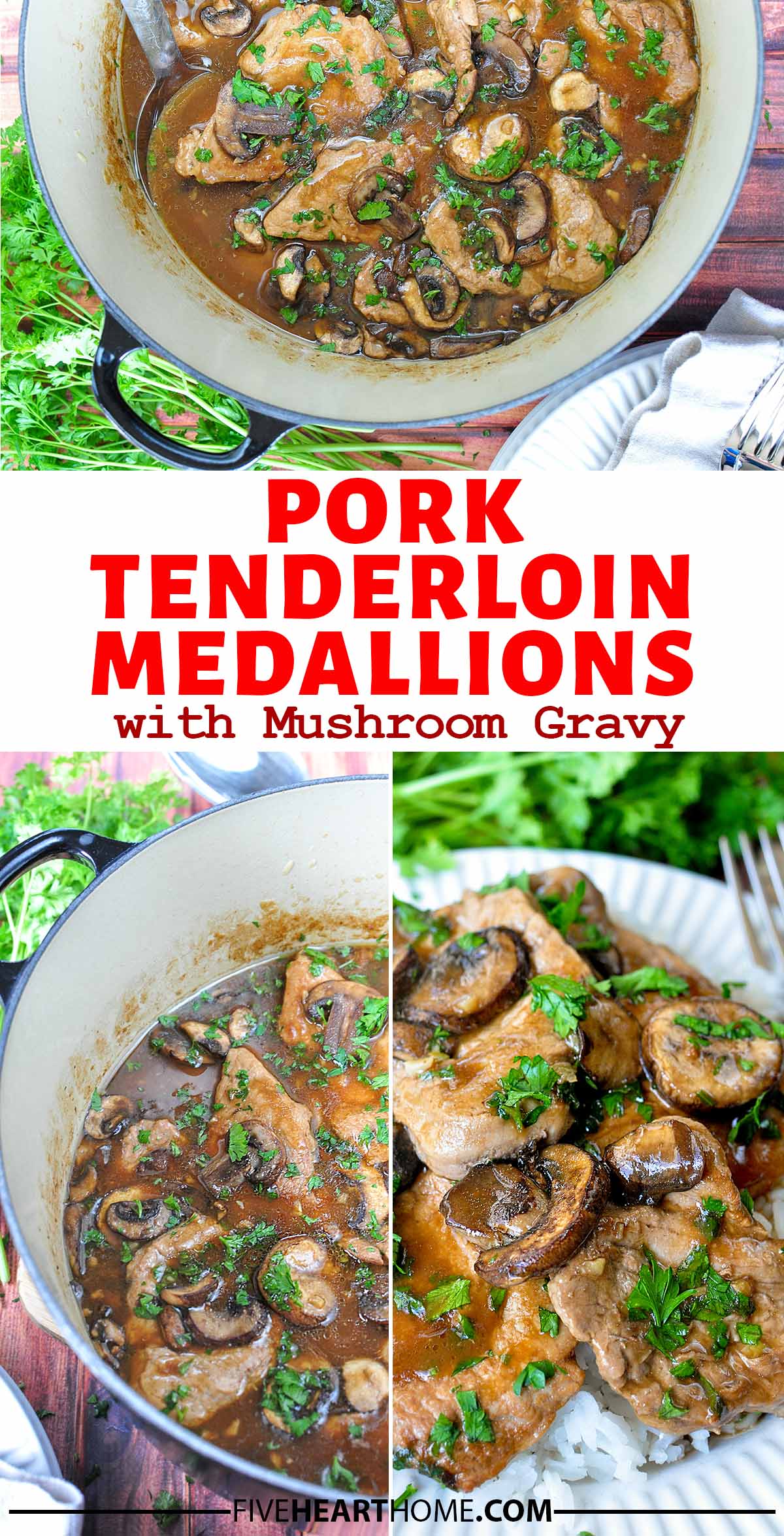 Pork Tenderloin Medallions with Mushroom Gravy ~ tender, sautéed slices of pork tenderloin are smothered in a savory mushroom gravy for a quick, one-pan, stove-top dinner that's sure to become a family favorite! | FiveHeartHome.com via @fivehearthome