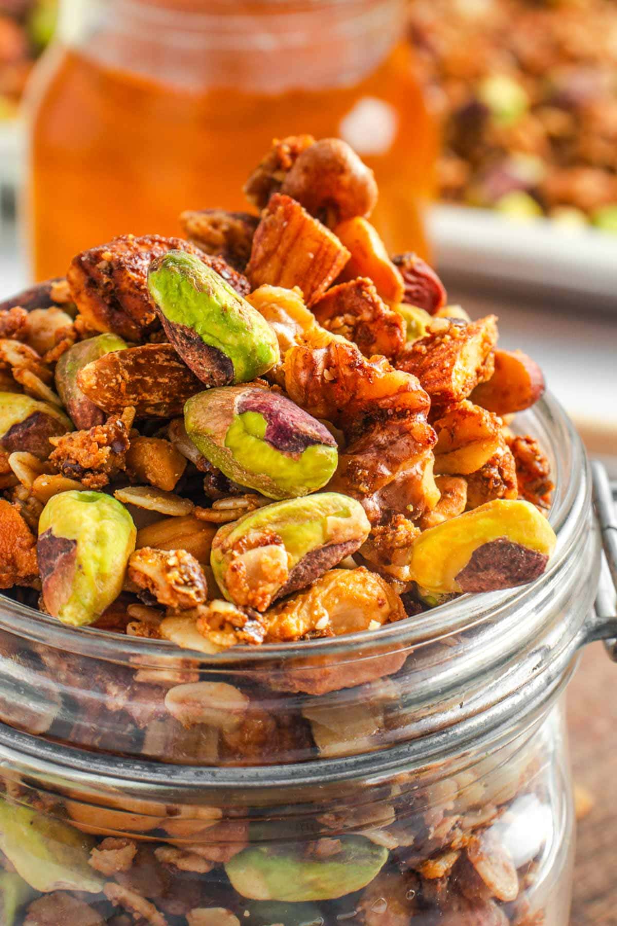 High Protein Granola close-up in jar.