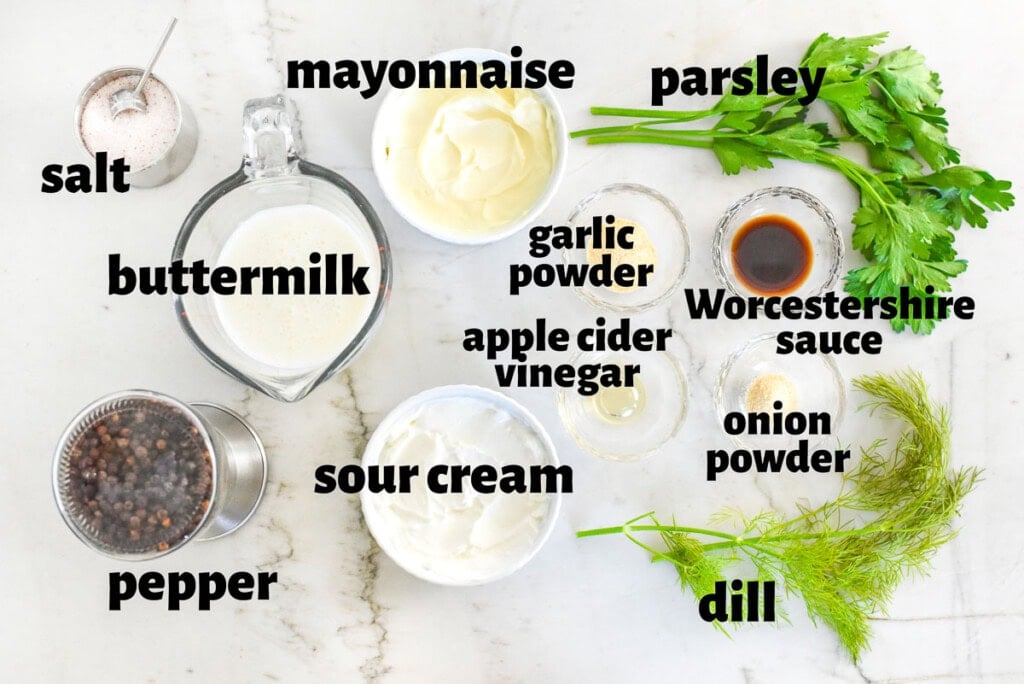 Labeled ingredients to make ranch dressing recipe.