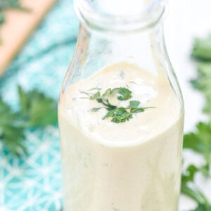 Ranch Dressing recipe in bottle, homemade with buttermilk and herbs.