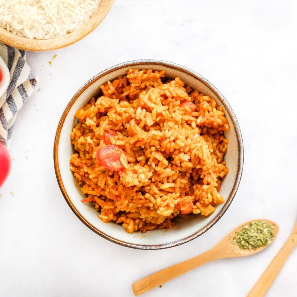 Easy Spanish rice in serving bowl.