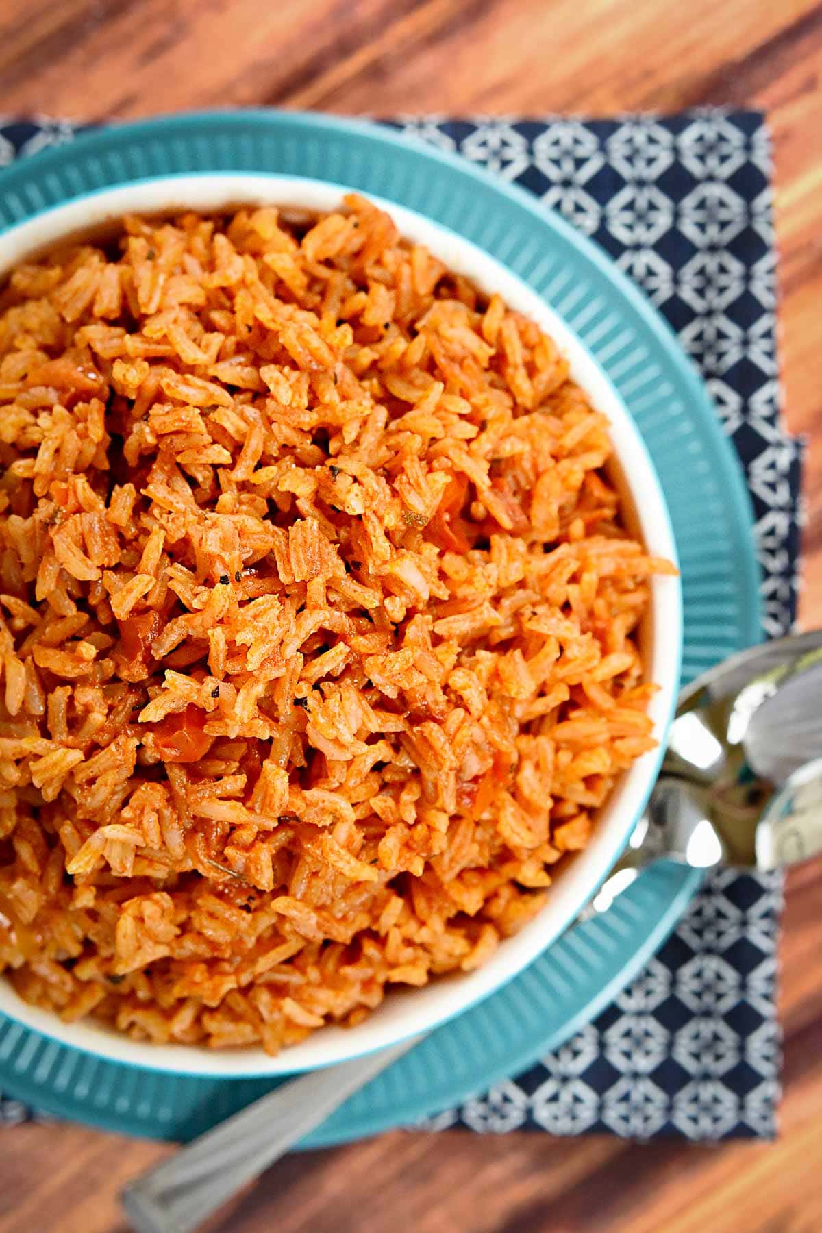 Aerial view of Spanish rice recipe.