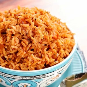 Spanish Rice recipe close-up in bowl.