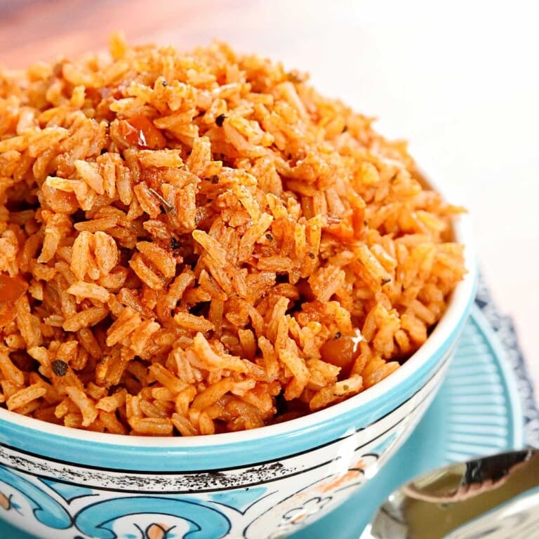 Spanish Rice recipe close-up in bowl.