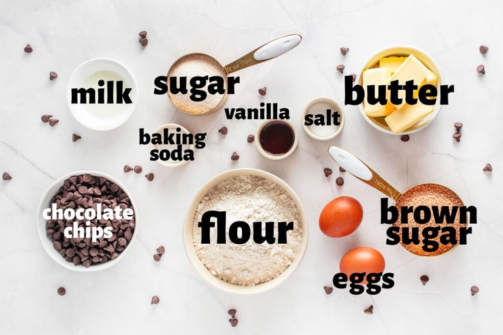 Labeled ingredients to make Brown Butter Chocolate Chip Cookies.