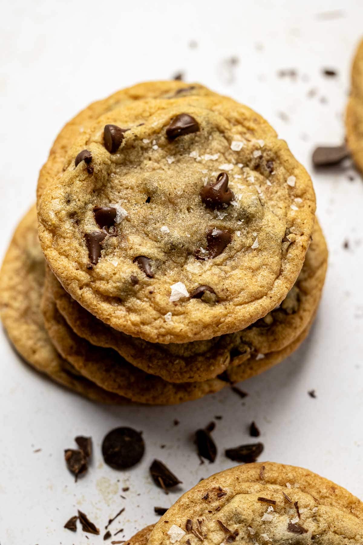 Brown Butter Chocolate Chip Cookies in stack.