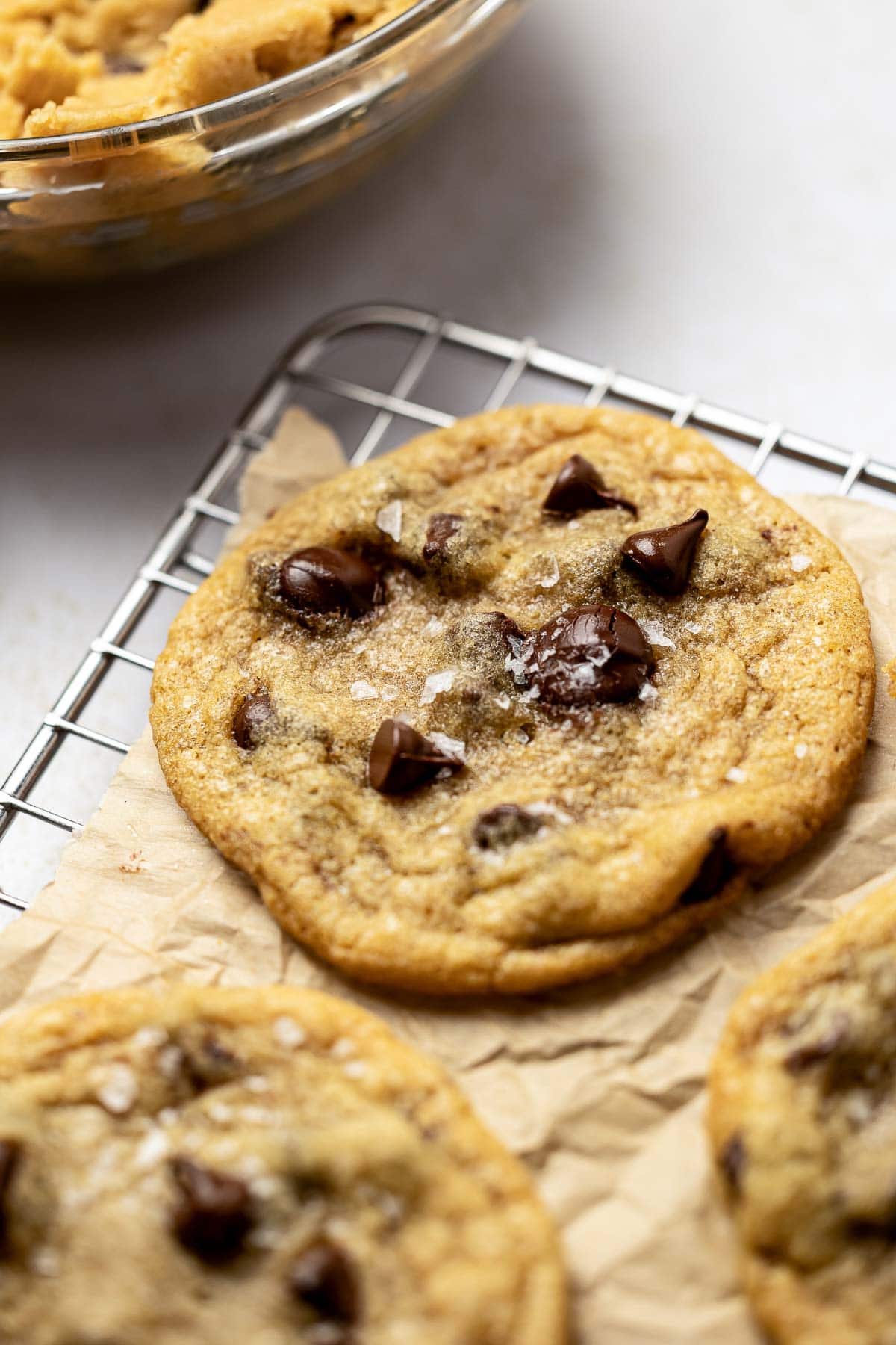 Brown Butter Chocolate Chip Cookies close-up with flaked salt.